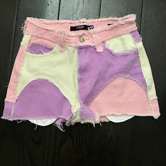 Jaded London Hot Pant Cut-Off Jean Shorts in Purple Pink Denim Patchwork - Picture 6 of 16